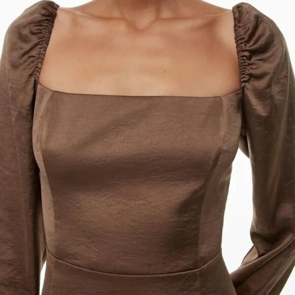 Aritzia Wilfred Bridgerton Satin Midi Dress NWT Cocoa Bean Brown Size 4 - Picture 2 of 10